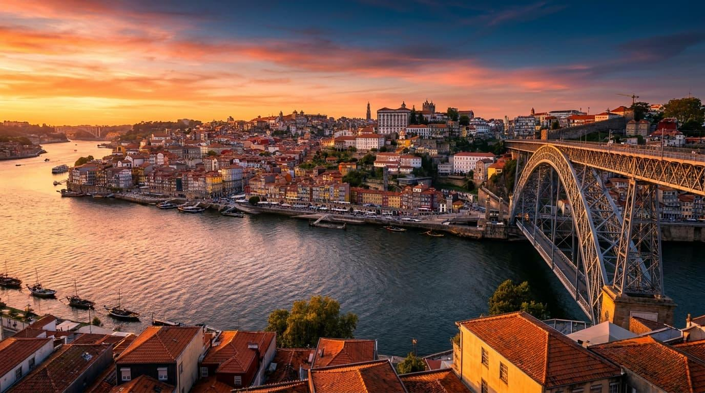 Vista do Porto ao entardecer, com a ponte sobre o rio Douro